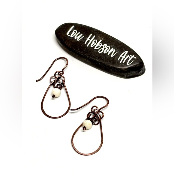 HANDMADE Mother of Pearl Wire Wrapped Copper Dangle Earrings, Gift for Mom Her - Picture 2 of 10